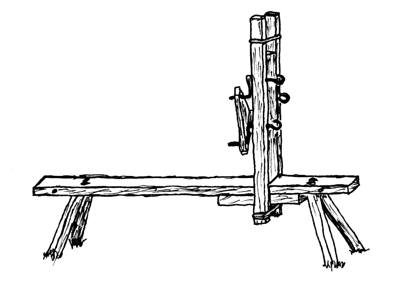 Sketch of a wooden ropemaker's bench.