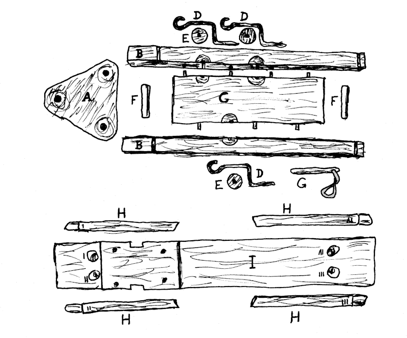 Sketch of the disassembled ropemaker's bench.