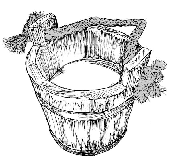 Sketch of a wooden bucket with a rope handle.