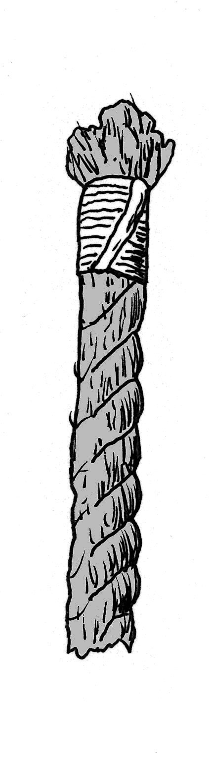 Sketch of a rope end with a sailmaker's whipping to prevent fraying.