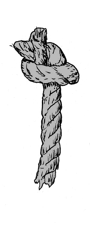Sketch of a rope end with a simple overhand (thumb) knot to prevent fraying.