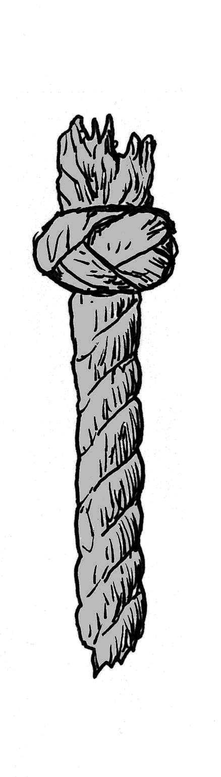 Sketch of a rope end with footrope knot to prevent fraying.
