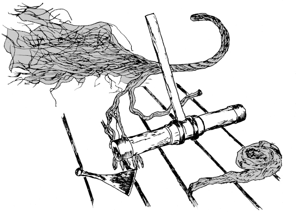 Sketch of a caulking hammer and iron, rope being picked apart for oakum.