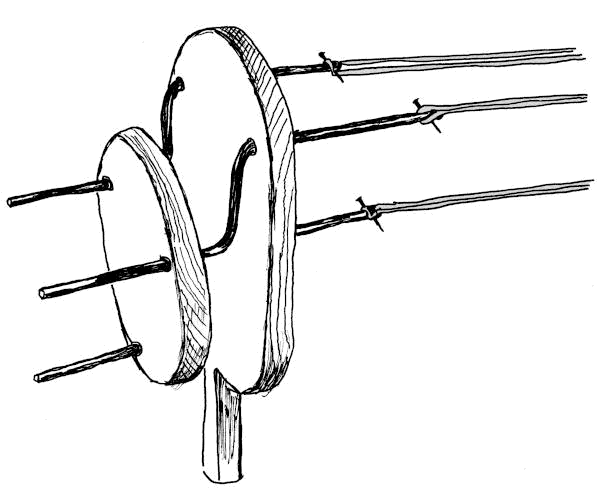 Sketch of a hand-held, three crank rope twister, or Jack.